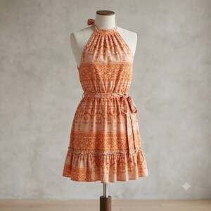 BTFBM Size Large Orange Geometric Halter Midi Dress Fully Lined